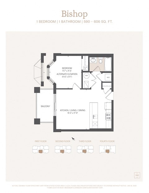 Floor plan for 1 bed, 1 bath, 606 sqft